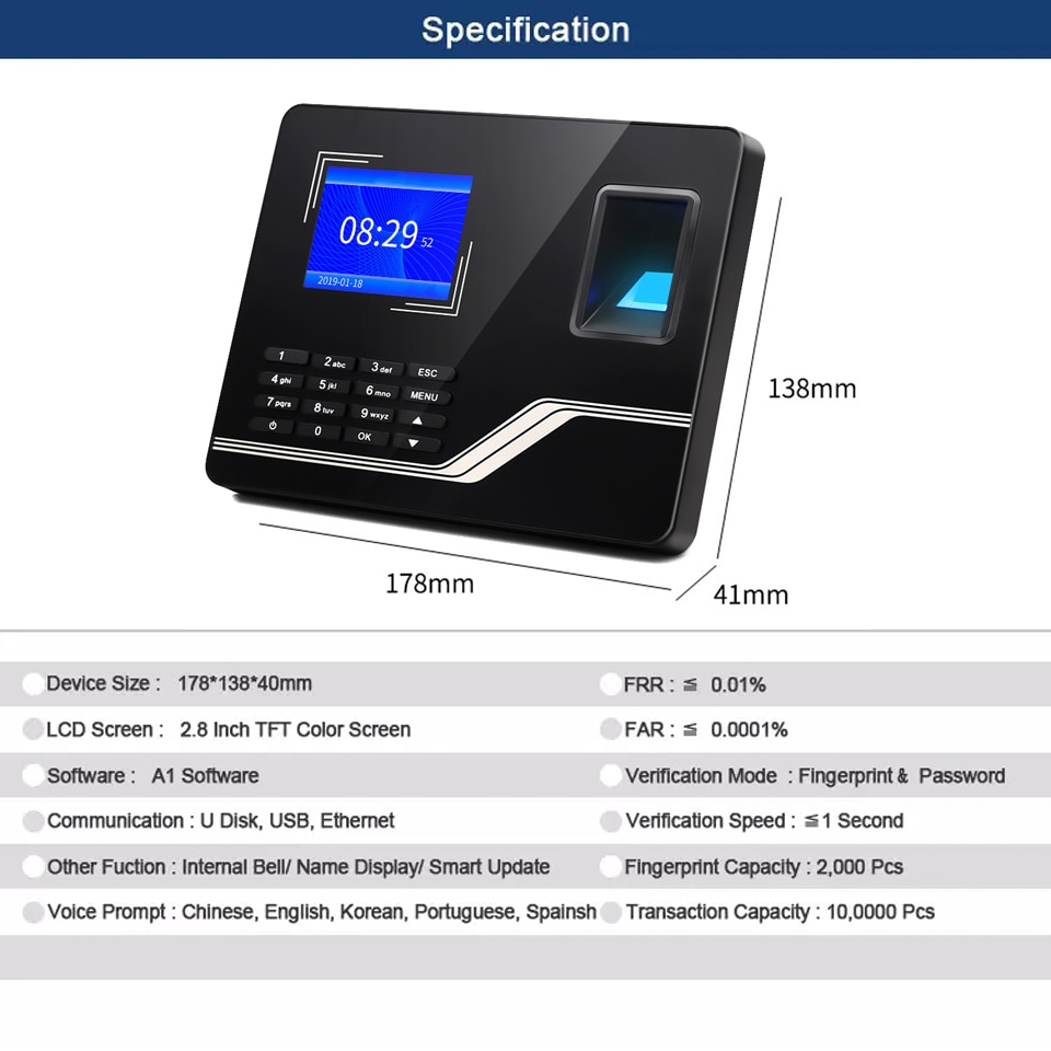 Fingerprint Attendance System TCPIP USB Password Access Control Office Employee Smart Clock Recorder Device Biometric Machine