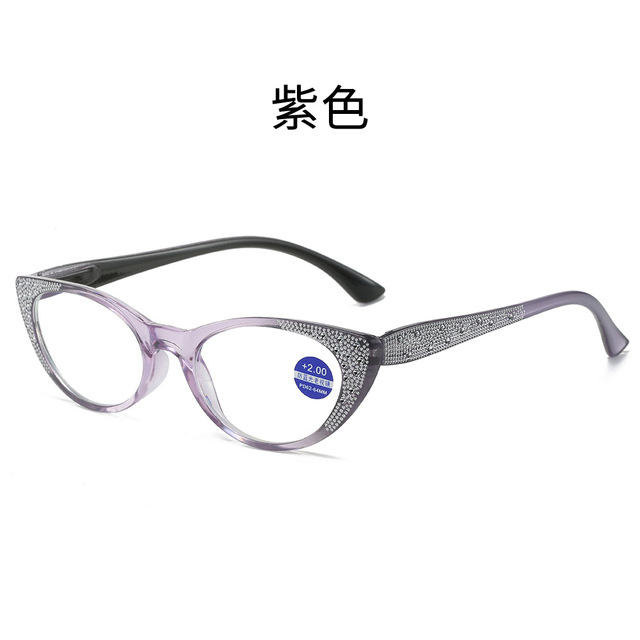 Nuevas gafas de lectura Vintage con forma de ojo de gato y diamantes para mujer, gafas para presbicia antiluz azul, dioptrías + 1,0 a + 4,0: Morado / +400