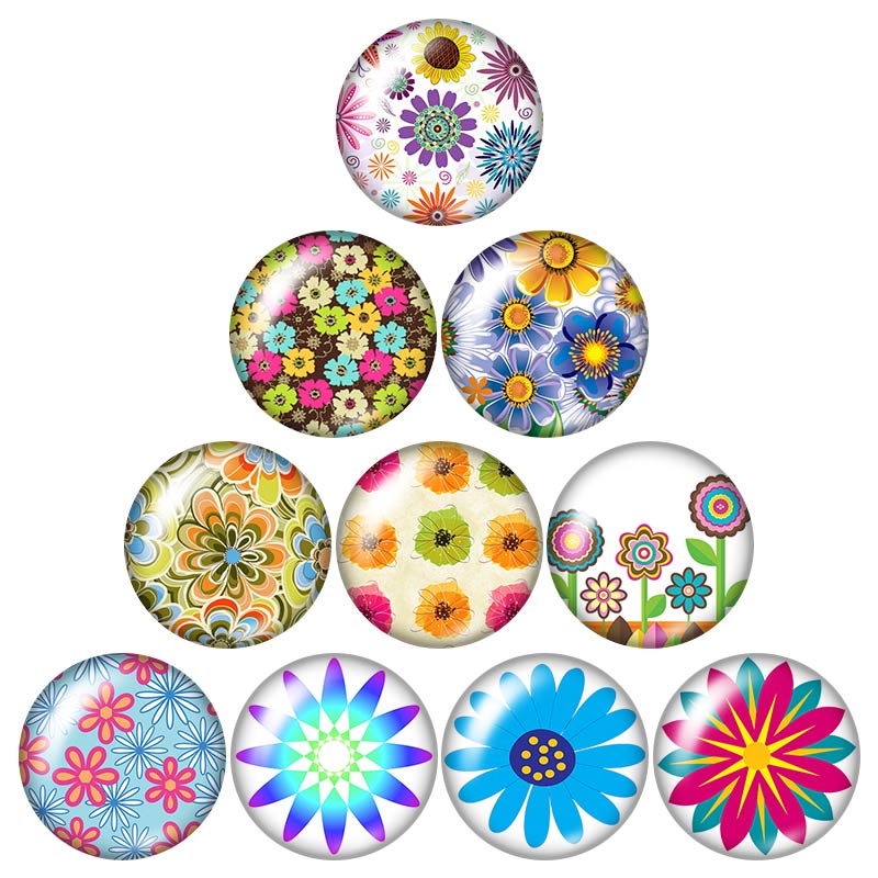 Botones a presión de 18mm con de flores, margaritas y lirios, foto redonda mixta, estilo de cabujón de cristal para joyería con botón a presión, 10 Uds.: DB0058