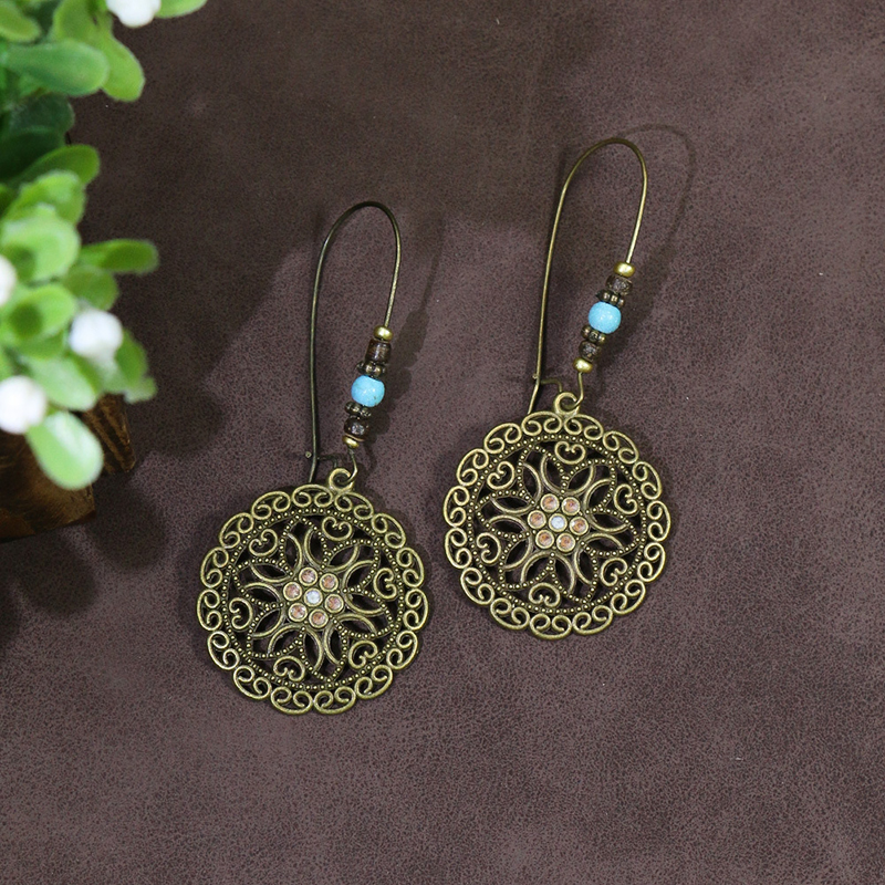 Pendientes étnicos Vintage bohemios con forma de gota para mujer, aretes largos bohemios con cuentas y borlas de madera, aretes redondos geométricos de hojas y flores, joyería: cromo negro