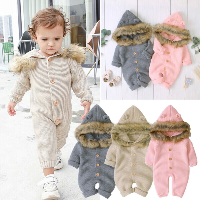 3 Kleuren Kids Meisje Jongen Warme Kleding Gebreide Lange Mouwen Hoodie Romper Totale Outfits
