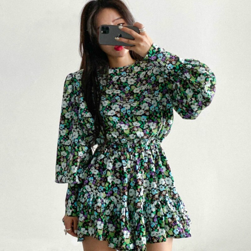 Groene chiffon bloemenprint dames rompertjes met ronde hals en lantaarnmouwen zomer casual strand korte jumpsuits