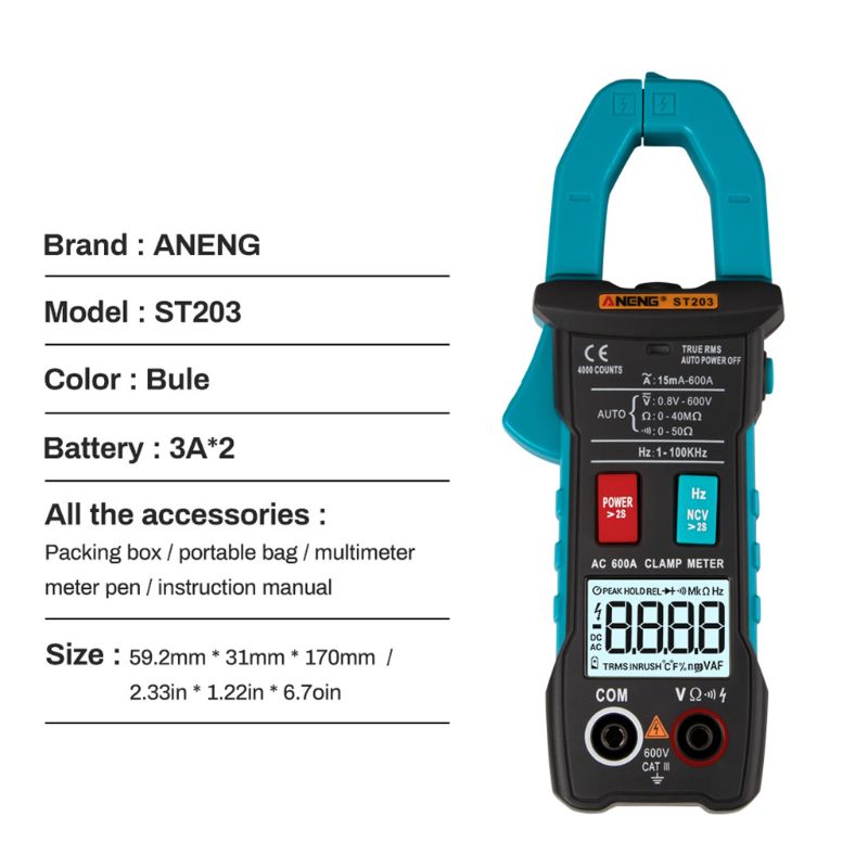 ST203 Digital Clamp Multimeter Ampere 4000 Counts True RMS Amp Current Clamp Meter Voltmeter 600V 600A AC/DC Automatic Range