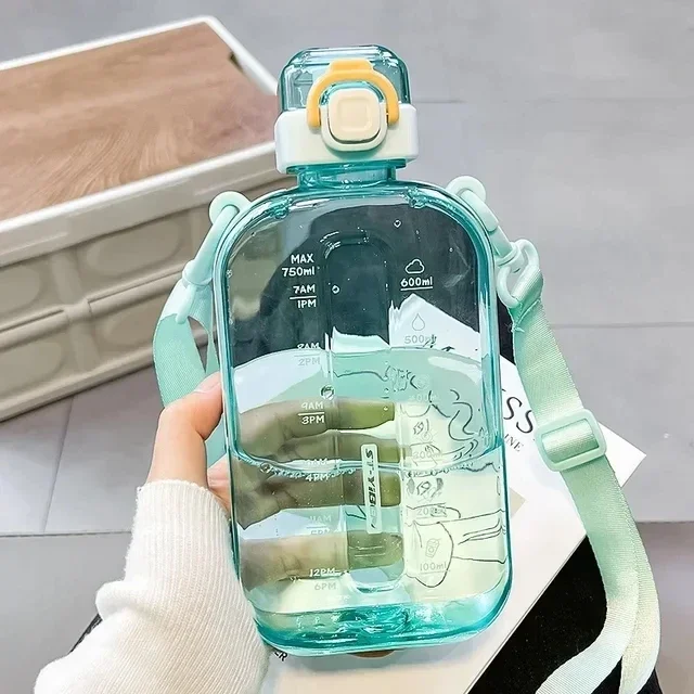 Botella de agua transparente cuadrada y plana, cantimplora de viaje portátil con correa ajustable, botella delgada para deporte y Camping: Gris oscuro
