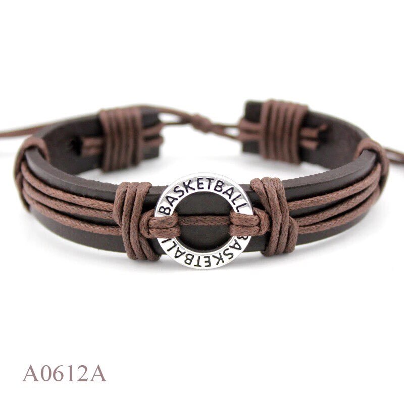 Hockey Charm Adjustable Leather Cuff Bracelets Women Men Boys Girl Jewelry Christmas Browm Color: A0612A-basketball