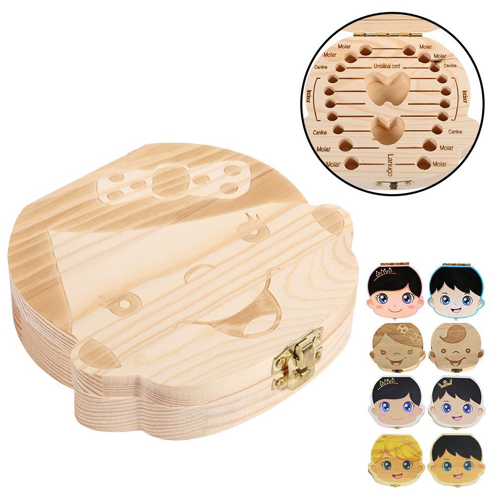 Wood Tooth Box 4 Patterns Baby Kids Tooth Box Storage Baby Milk Teeth Collect Organizer Spanish English French Russian Case