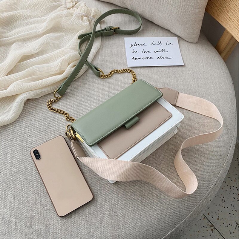 Contrasterende kleuren pu leren crossbody tassen voor dames ketting handtassen met metalen handvat schoudertas kleine tassen: Groente 