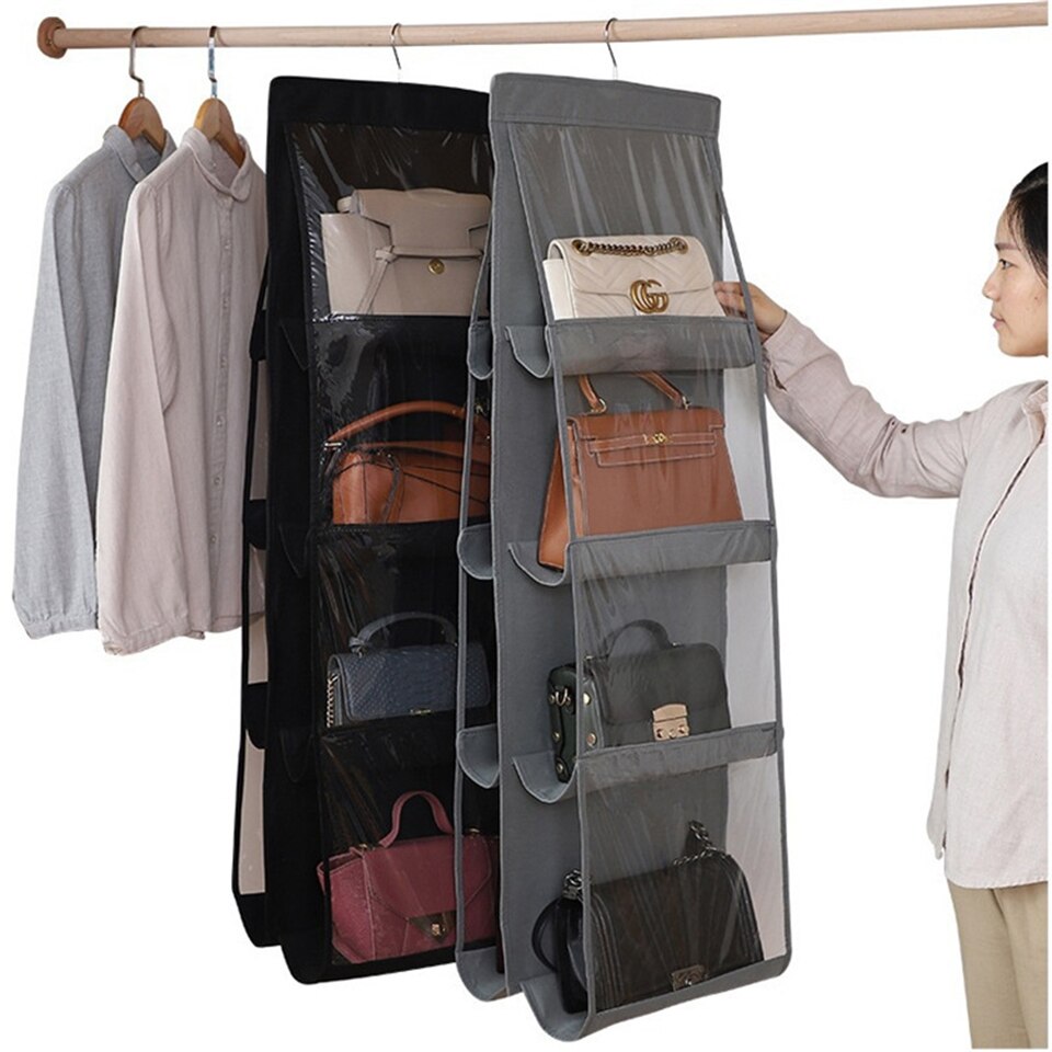 6/8 cells Transparent Hanging Bag Dual-Side Dust-Proof Wardrobe Closet Leather Bag Storage Sundry Shoe Underwear with Hanger