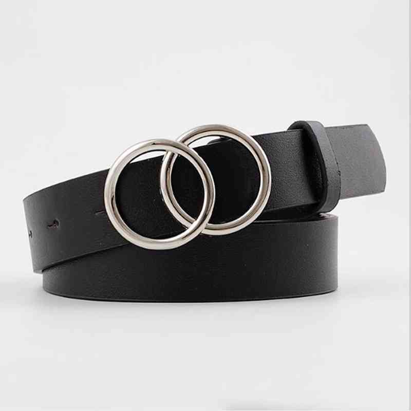 Riemen voor vrouwen dubbele ring riem pu leer metalen gesp taille riem dames casual jurk jeans wilde tailleband: Zwarte sliver