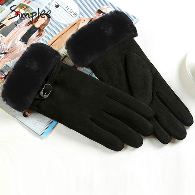 Simplee tyk ruskind vinterhandske kvinder fuldfinger vindtæt kvindelig varm pelshandske udendørs kørsel damer handsker vanter: Sort