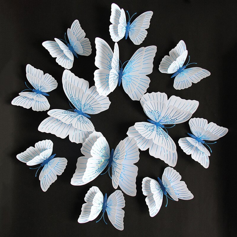 Autocollant mural papillon 3D Double couche, 12 pièces, pour la décoration de la maison, aimant pour réfrigérateur, colle gratuite: Blue