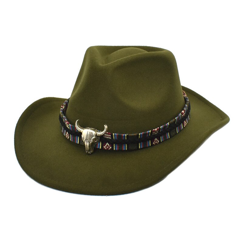 Lidasfish-Sombrero de vaquero occidental de ala ancha con banda para la Cabeza de Vaca, sombreros de Jazz de fieltro para hombre y mujer, gorra de Panamá negra, Otoño e Invierno: Verde militar