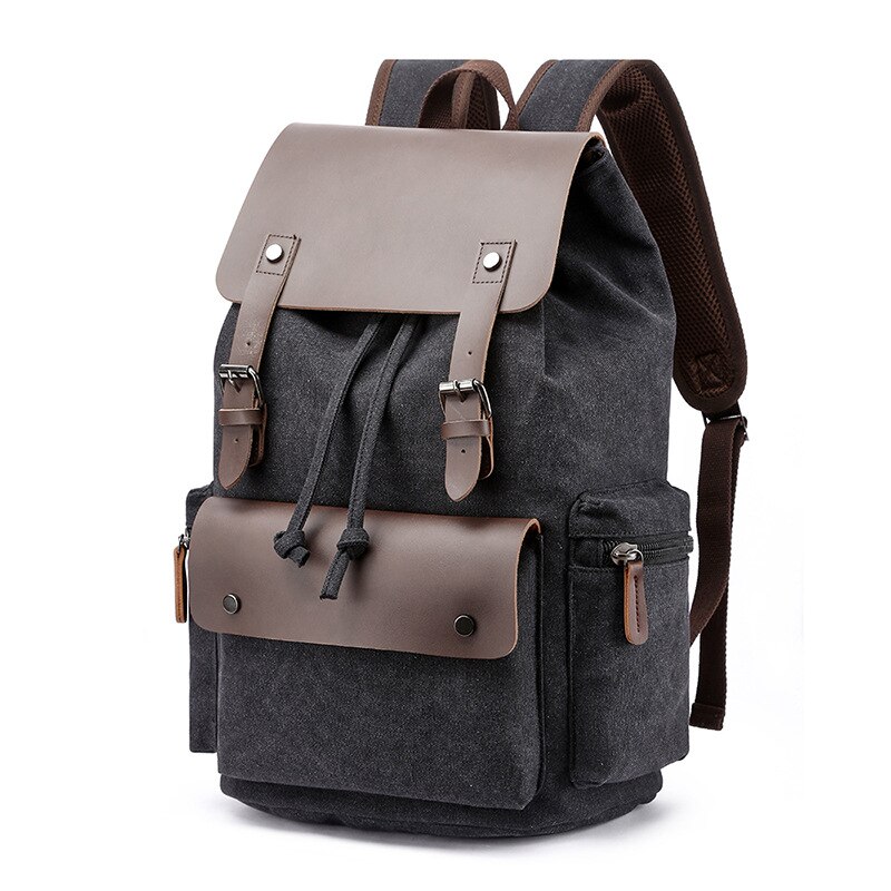 Canvas-rucksack für herren, großes fassungsvermögen, geeignet für laptops bis 17 zoll, kordelzug, lederhülle, reiserucksack, schulrucksack: Schwarz