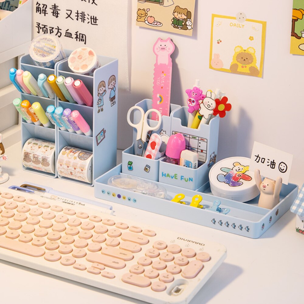 Kawaii Desktop Stationery Organizer Pen Holder Storage Box Set Office Desk Storage Shelf Office Desktop Organizer Cute Storage