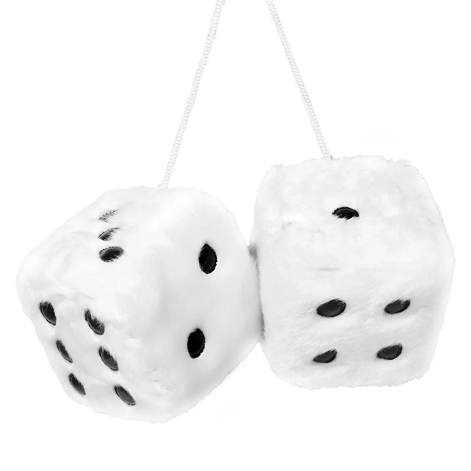 Dés pelucheux pour miroir de voiture, paire de dés en peluche pelucheux carrés rétro de 2.7 pouces avec points pour suspendre des accessoires de voiture, intérieur moelleux
