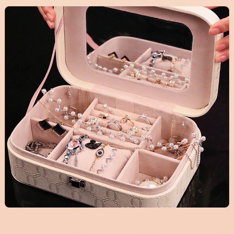 Pu fiber smykkeskrin bærbar opbevaring arrangør øreringe holder lynlås kvinder smykker display rejsetaske
