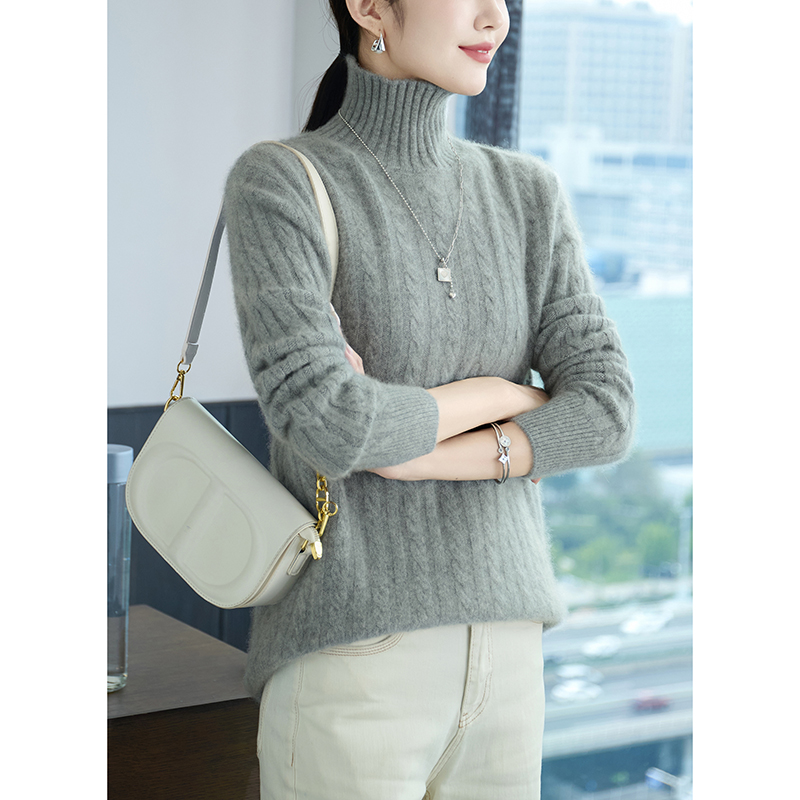 Camisa de fondo de lana pura 100% de Cuello medio alto para mujer, suéter de punto de lana acolchado suelto, otoño e invierno,: XXL / Gris