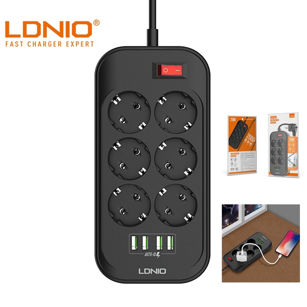 Ldnio 4 usb telefonlader flere stikkontakter 6 eu stikkontakter lader til hjem/restaurant som lader mobiltelefon