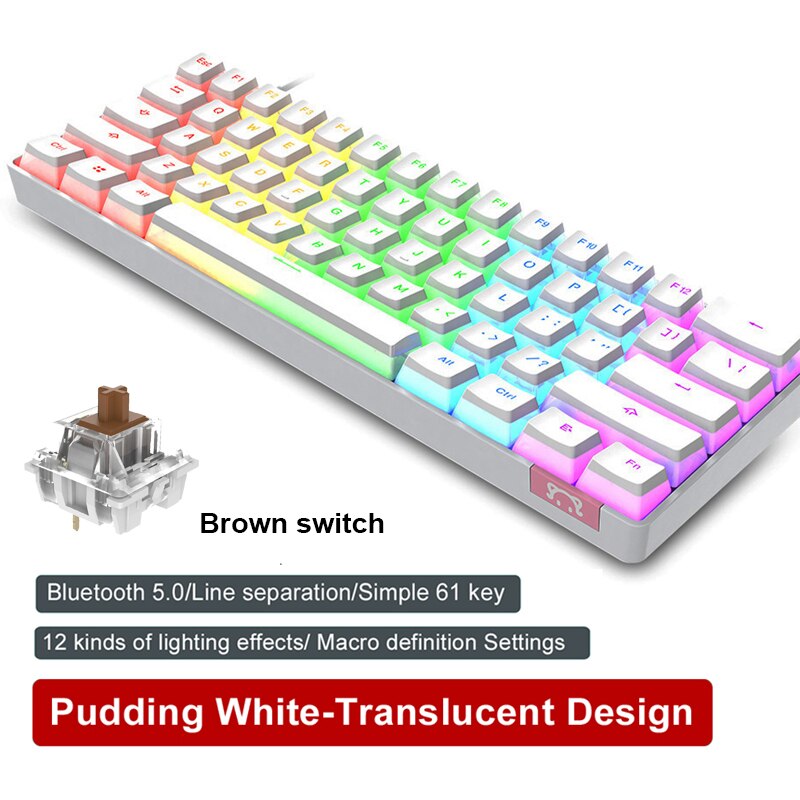 Ajazz STK61 Mechanical Keyboard Wireless Bluetooth 61 Keys Dual Mode Mix Backlit Mini Portable Gaming Keyboard for PC Desktop: Pudding White Brown
