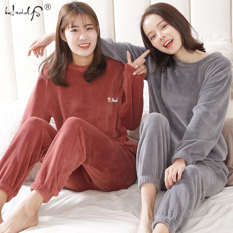 Inverno feminino flanela de veludo pijamas define pijamas grosso solto casual macio quente camisola de casa roupas femininas terno pijamas