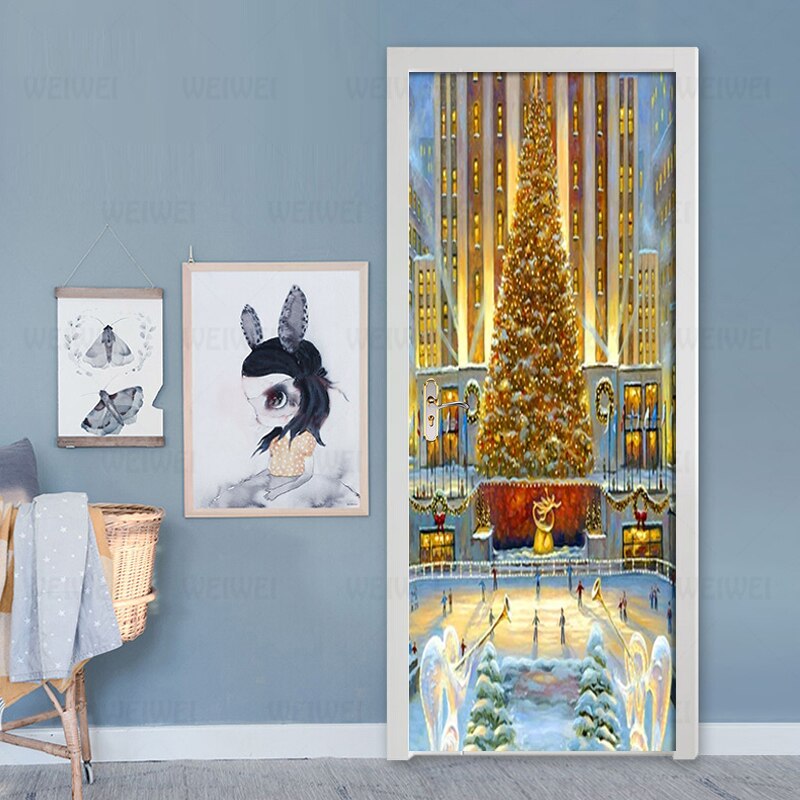Door Stickers Golden Christmas Tree Waterproof Living Room Bedroom Door Wallpaper Self Adhesive Art Wall Decals 3D Wall Stickers