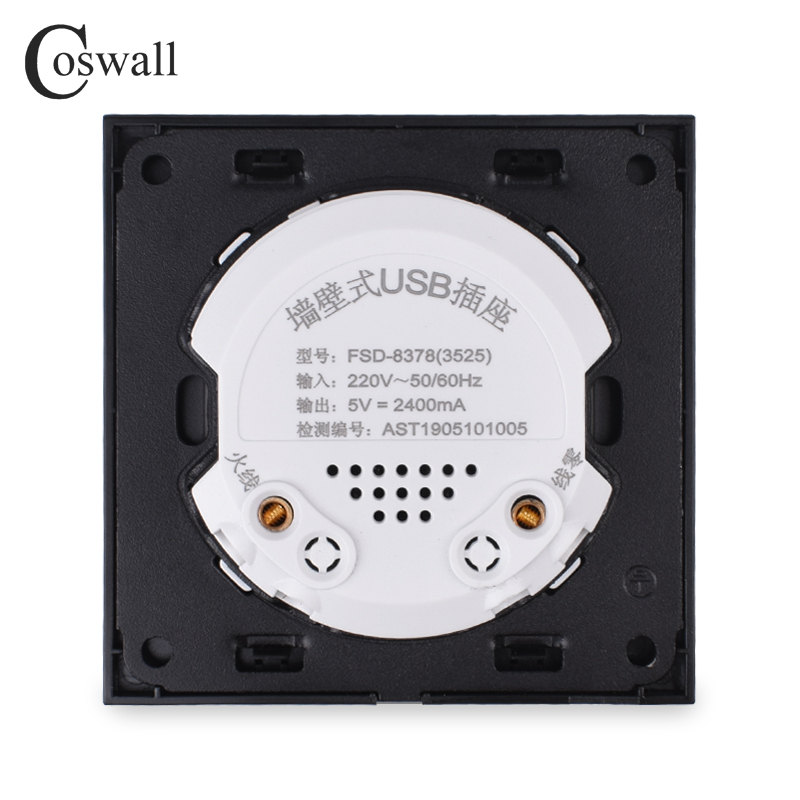 Coswall aluminium metalpanel vægstikkontakt dobbelt usb ladeport 2.4a udgang led indikator  r11 serie  r12 serie sort