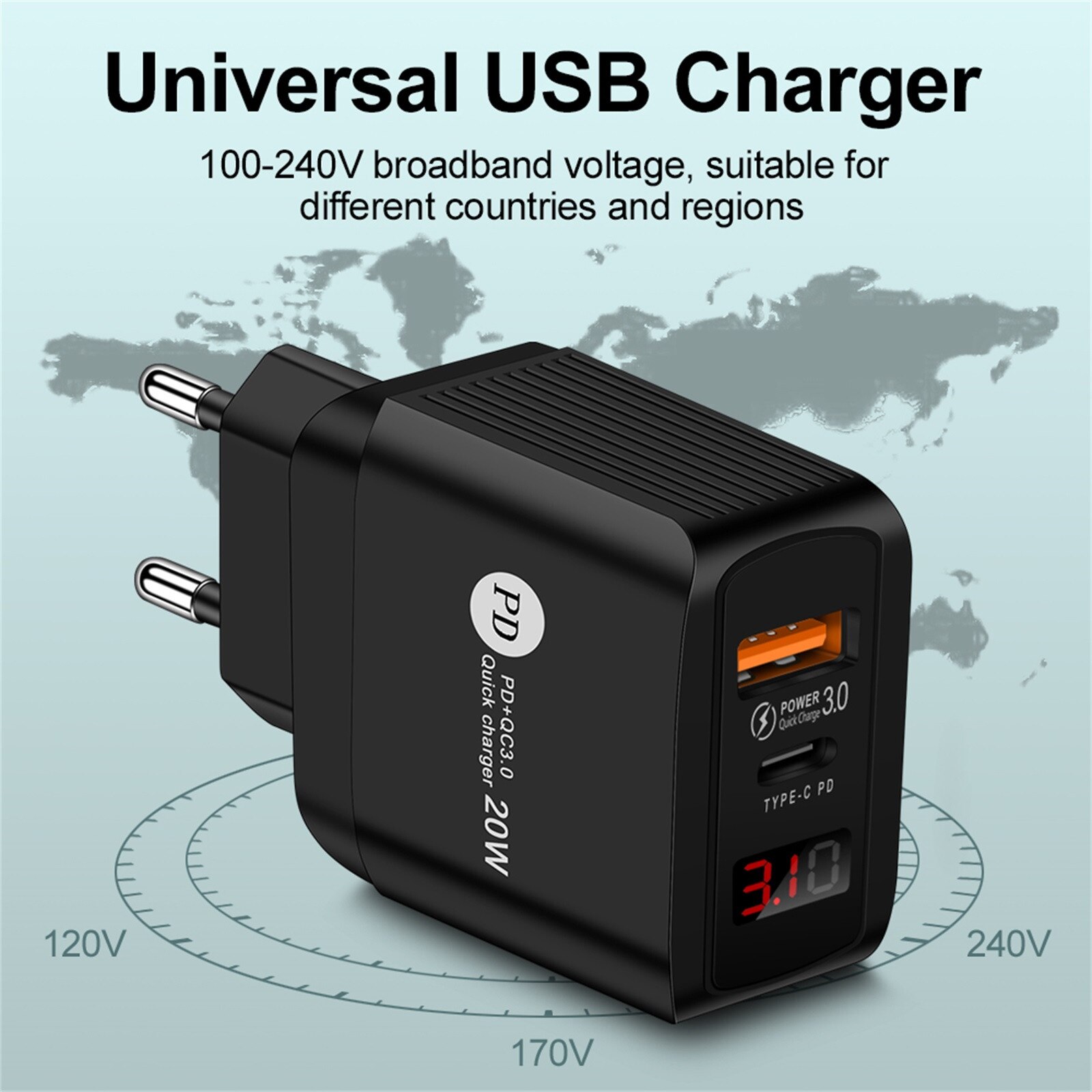 20W Smart Digital Display Is Suitable For Apple Android Multi-port USB Charger