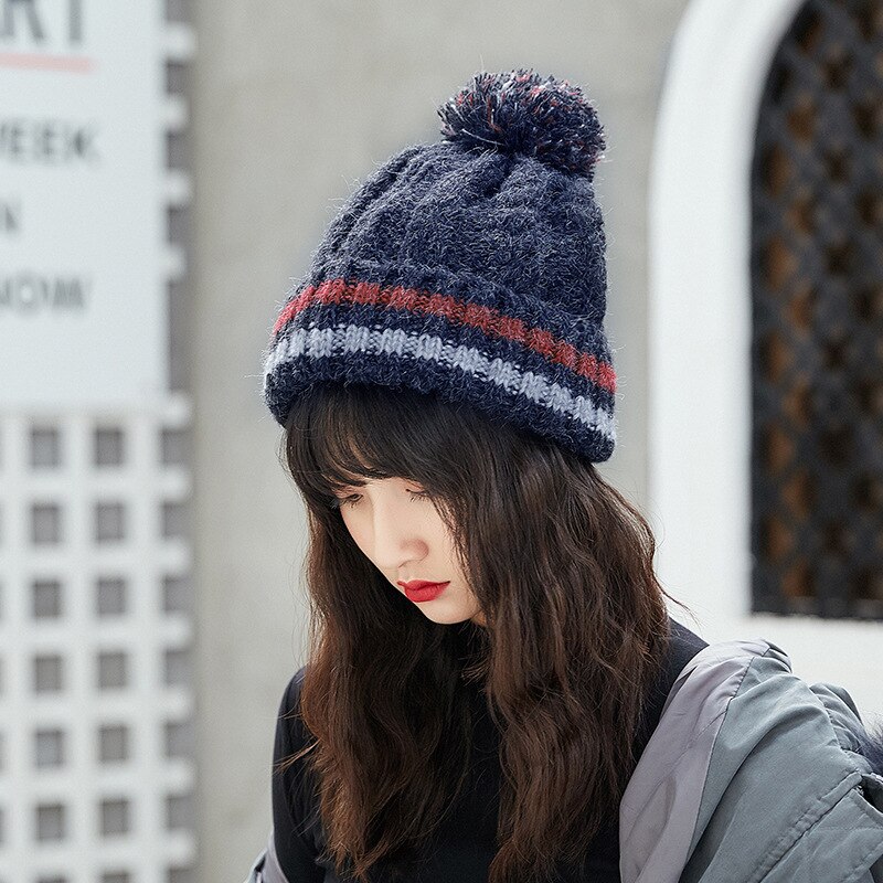 Winter warm Korean Hats for women striped woolen hat thickening plus pompon ball cap outdoor hemp pattern knitted hat: Navy blue