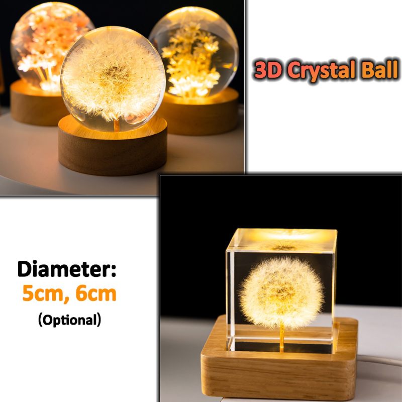 Bola de cristal de diente de león 3D, 5cm, 6cm, luminosa, de flores de inmortalidad, bola de cristal, soporte de madera, Base, bola de esfera de flor preservada