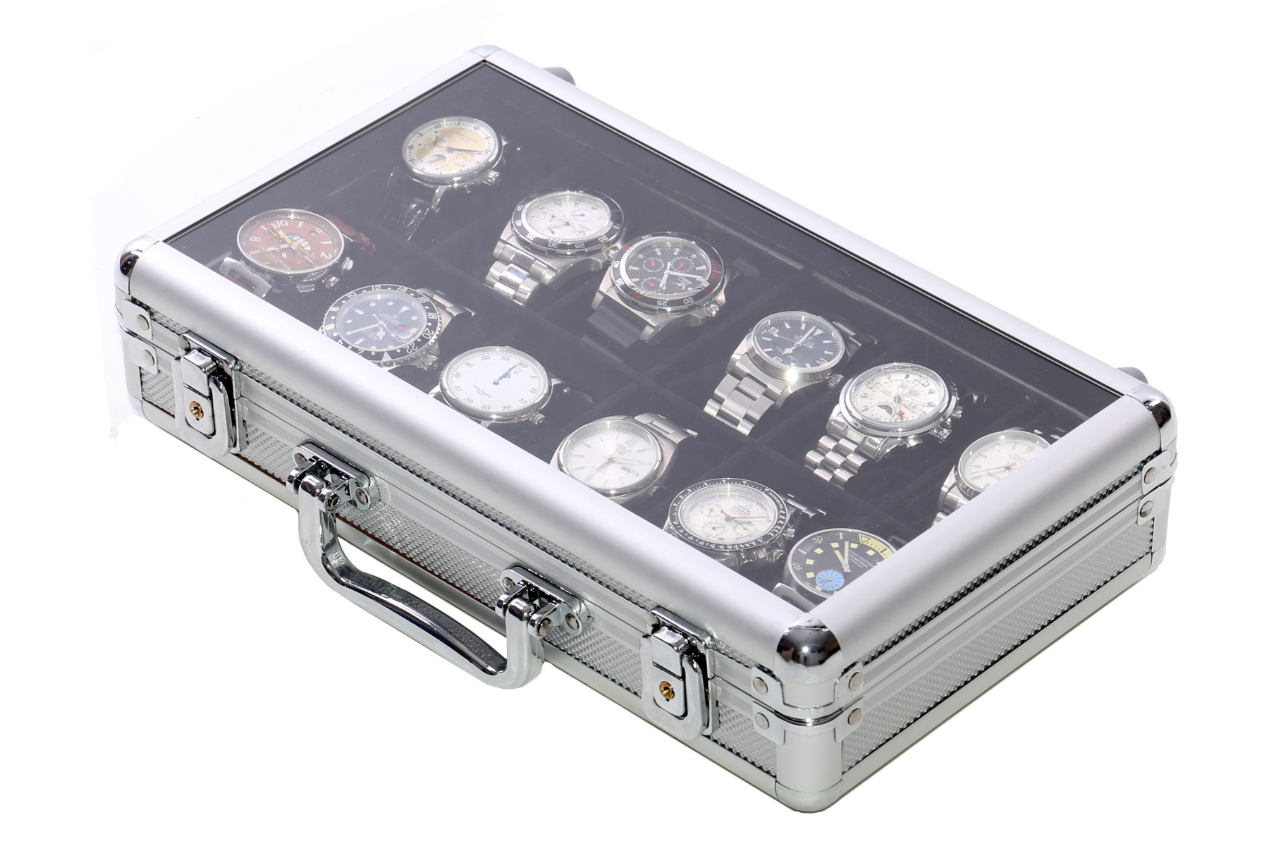 Display case holds 12 watches in aluminium