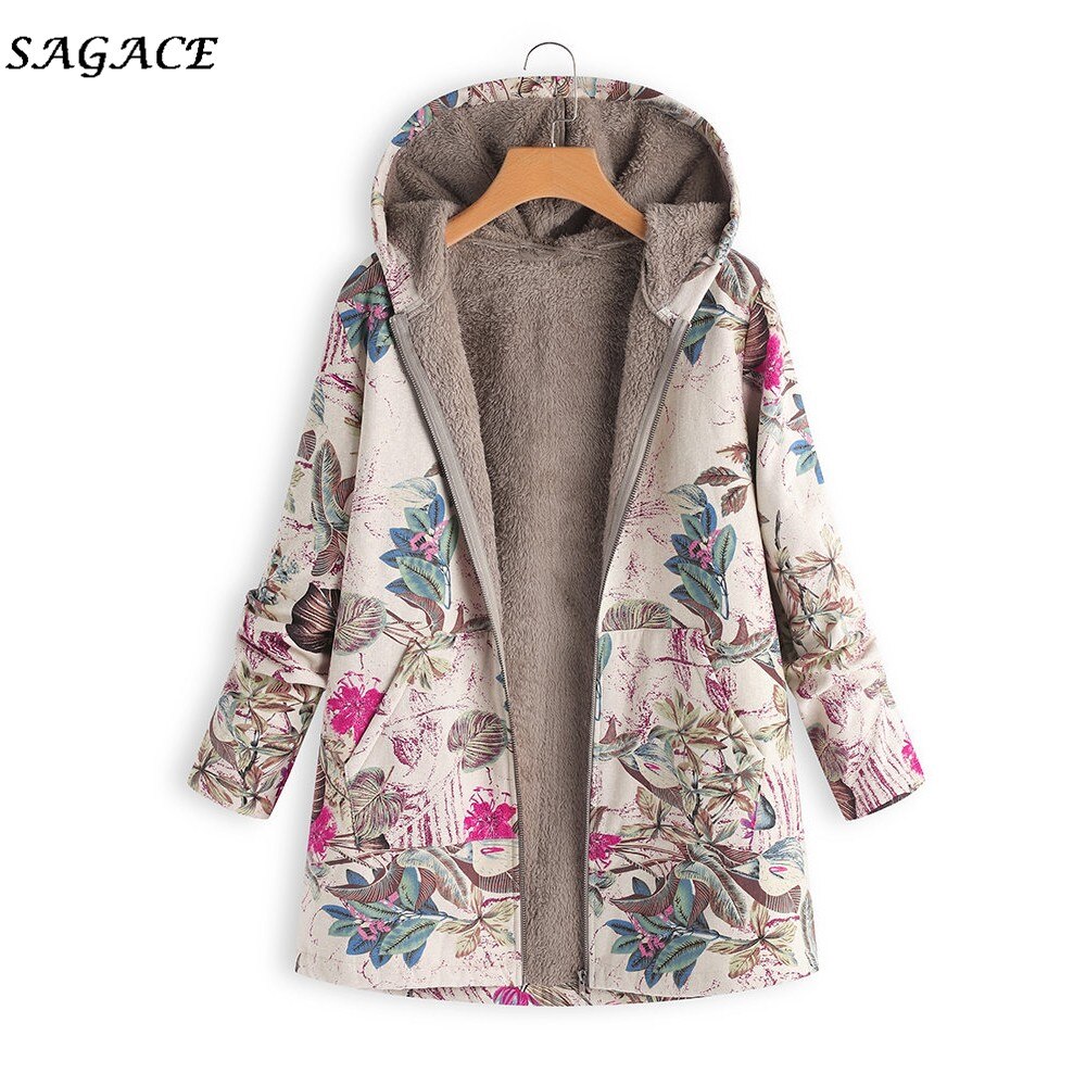 Sagace Kleding Jassen Vrouwen Winter Rits Warme Jassen Lady Warm Uitloper Bloemenprint Capuchon Zakken Vintage Oversize Jassen