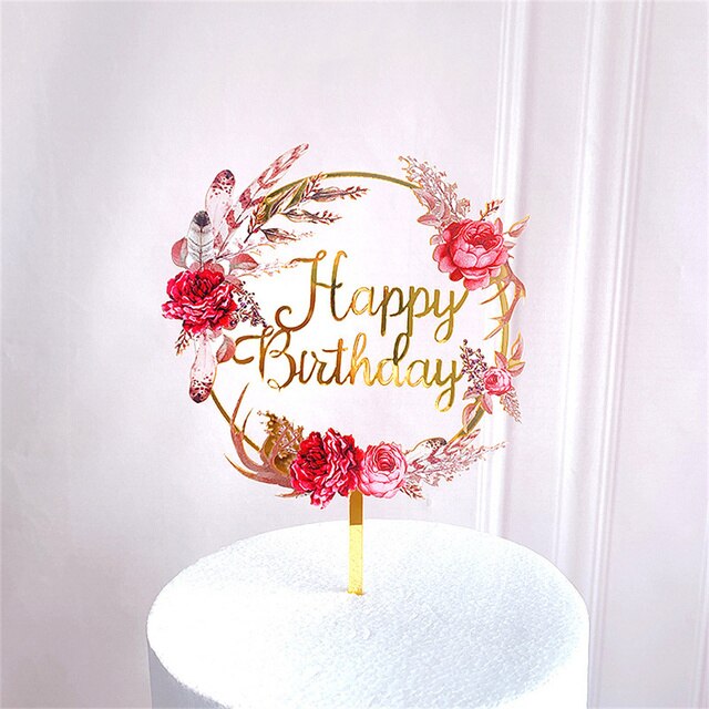 Bloemen Gelukkige Verjaardag Cake Topper Acryl Bruiloft Valentijnsdag Cake Toppers Voor Vrouwen Meisjes Verjaardag Partij Taart Decoraties