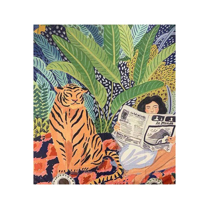 Couverture de canapé à motif de tigre pour fille, style bohémien, couverture anti-poussière avec pompon, couverture de climatisation pour lit et chambre à coucher, décor: 1 / 150X210CM