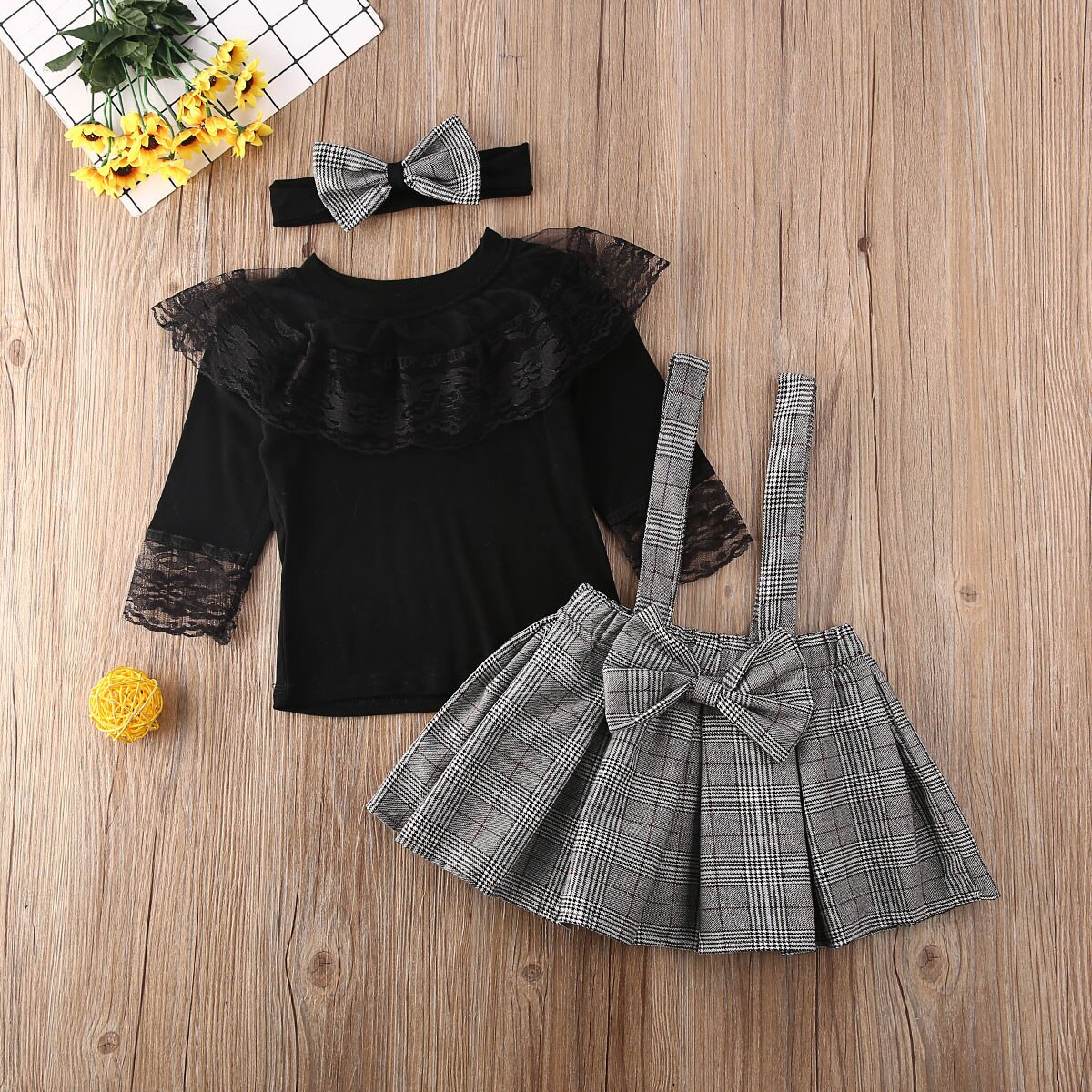 Cathery lillasyster bror matchande outfits byxa hängslen byxor spets volang t-shirt rutig kjol pannband klädsats