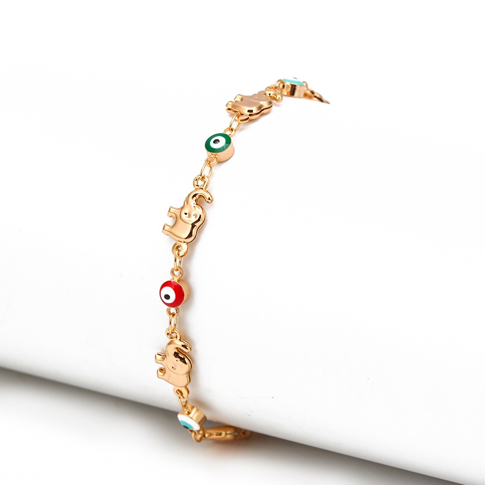 Pulsera de Talismán multicolor de elefante ojo de la suerte para mujer y niña, pulsera de cadena de Color dorado de cobre ajustable, joyería BD360