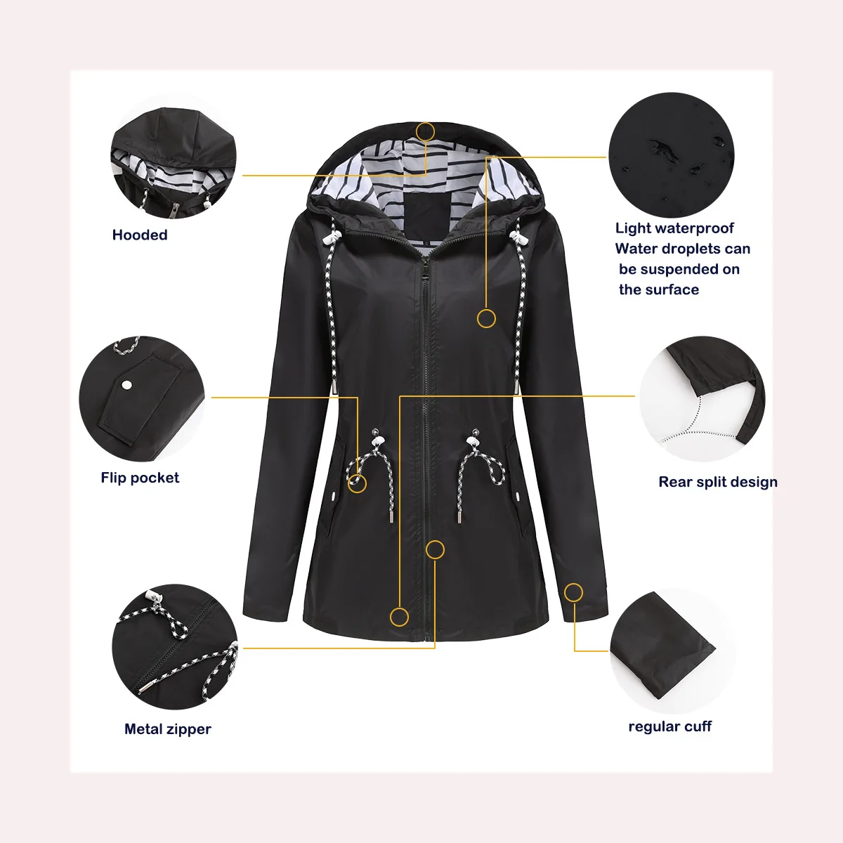 Blue Waterproof Hooded Jacket Women Casual Coat Waist Drawstring Tie Zipper Switch Red Green Yellow Black Windbreaker