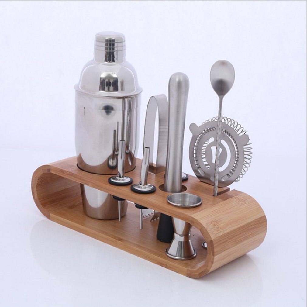 Juego de 10 piezas de utensilios de Bar de acero inoxidable, coctelera con estante de madera