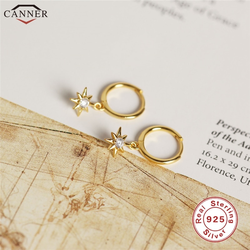 CANNER Gold Color Small Hoop Earrings for Women Girls 925 Silver Mini Circle Earrings Jewelry Zircon Star Earings H50