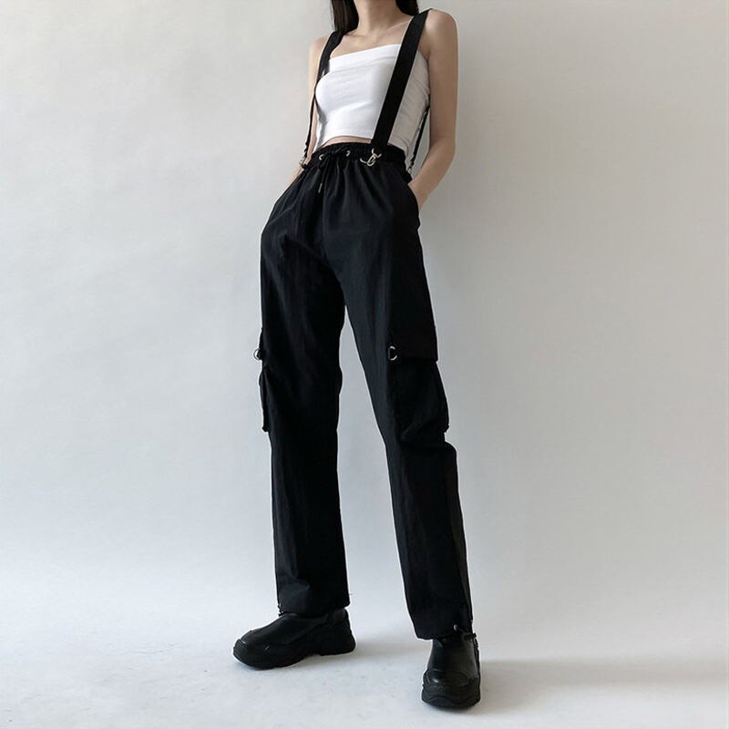 Qweek goth cargo bukser kvinder punk plus size bukser harajuku bukser med høj talje overdimensioneret aftagelig rem løs afslappede bukser emo