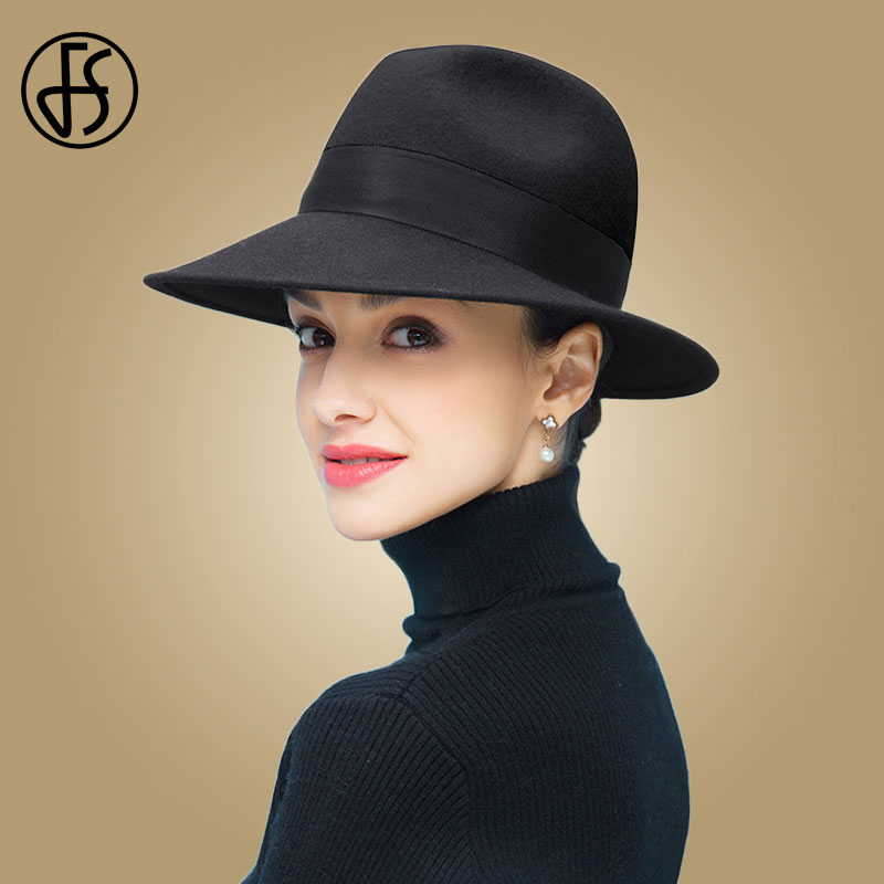 Fs bred brätte fedora kamel och svart dam hattar med band ull filt hattar bowler hatt chapeau femme feutre dam trilby hatt