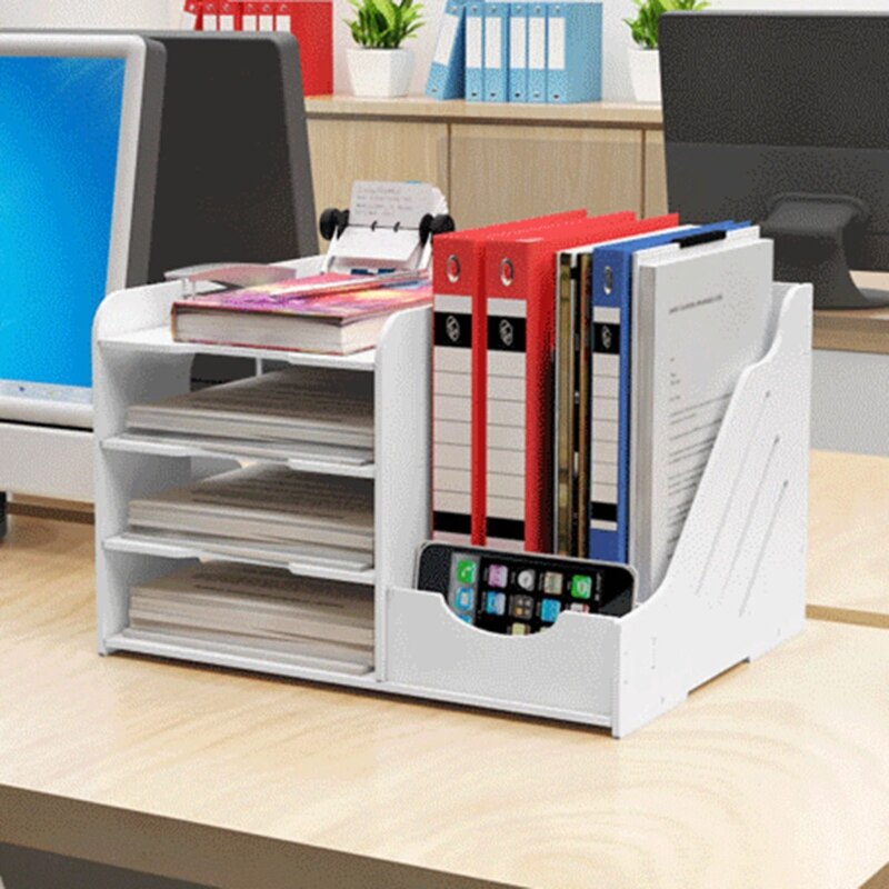 Multi-layers Paper File Holder Sundries Storage Box PVC Wood Desktop Book Magazine Desk Shelf Stationery Organizer