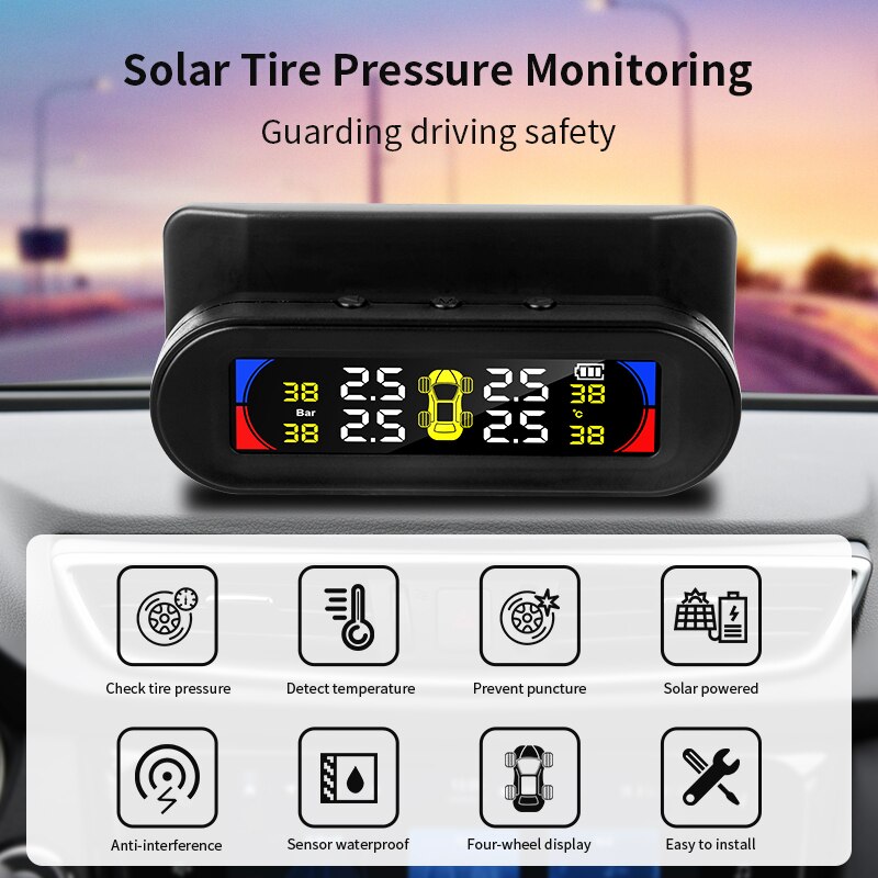 Tpms Groter Scherm Kleurrijke Display Draadloze Tpms 4 Sensoren Bandenspanning Temperatuur Alarm Monitoring Systeem Zonne-energie Opladen