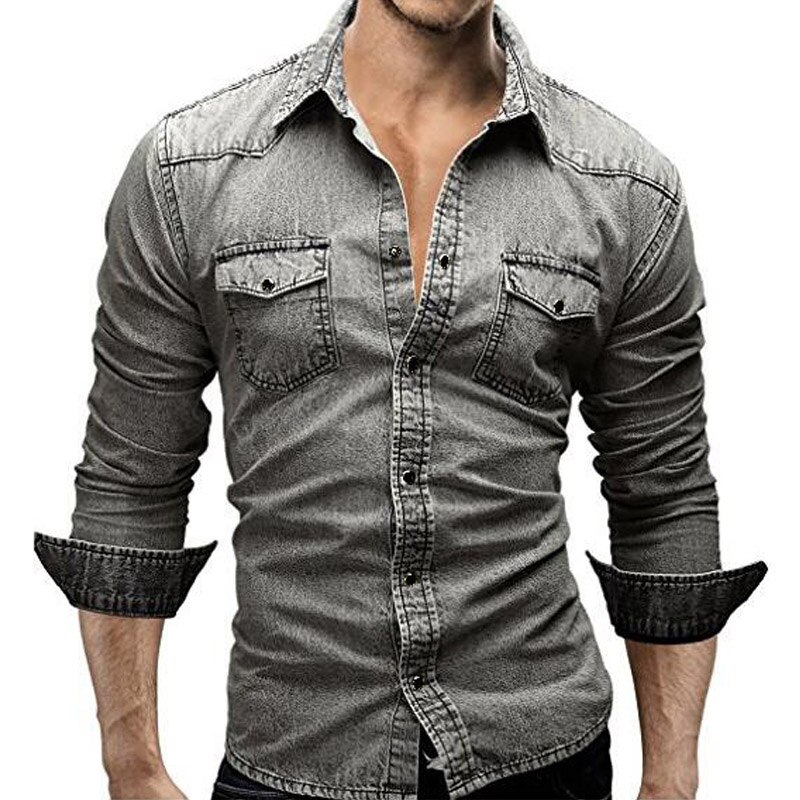 Menn casual denim skjorter merkevare langermet skjorte herre ensfarget slim fit dress skjorter camisa masculina streetwear topper: Grå / Asiatisk størrelse 3xl 185cm