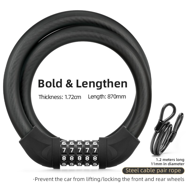 ROCKBROS 87CM Bike Lock Steel Five-digit Code Anti-theft 1.72CM Bold Cable Password Lock PVC Wrapped Lock MTB Road Accessories: RKS870-BK-1