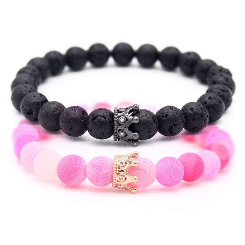 8mm Natural Stone Beads Bracelets & Bangles King Queen Couple Bracelet for Lovers His And Hers Jewelry Handmade MBR180309: black pink