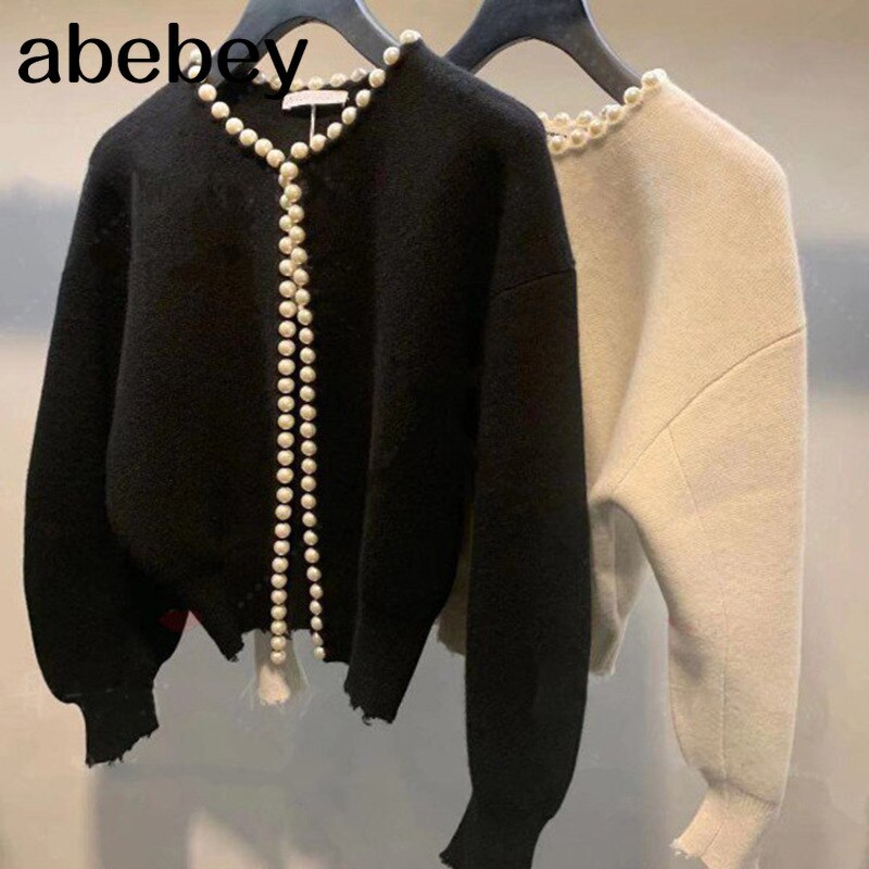 Chaquetas coreanas de para mujer, cárdigan con perlas, manga de murciélago, abrigo de punto de lana Vintage, chaqueta de , AQ927,