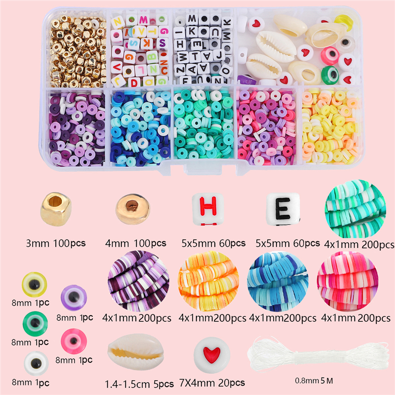 10-Gitter-Kasten-Perlen-einstellen, Polymer-Tonne, Acryl, Buchstaben-Rocailles, Schmuckherstellungsset, elastische Kordel für Mädchen und freundlicher, DIY-Armbinde: MULTI