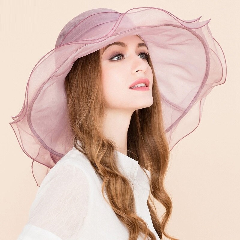 Ladies Light Purple Silk Royal Wedding Hats Women Large Wide Brim Foldable Cap with Bowknot Sombreros B-8206