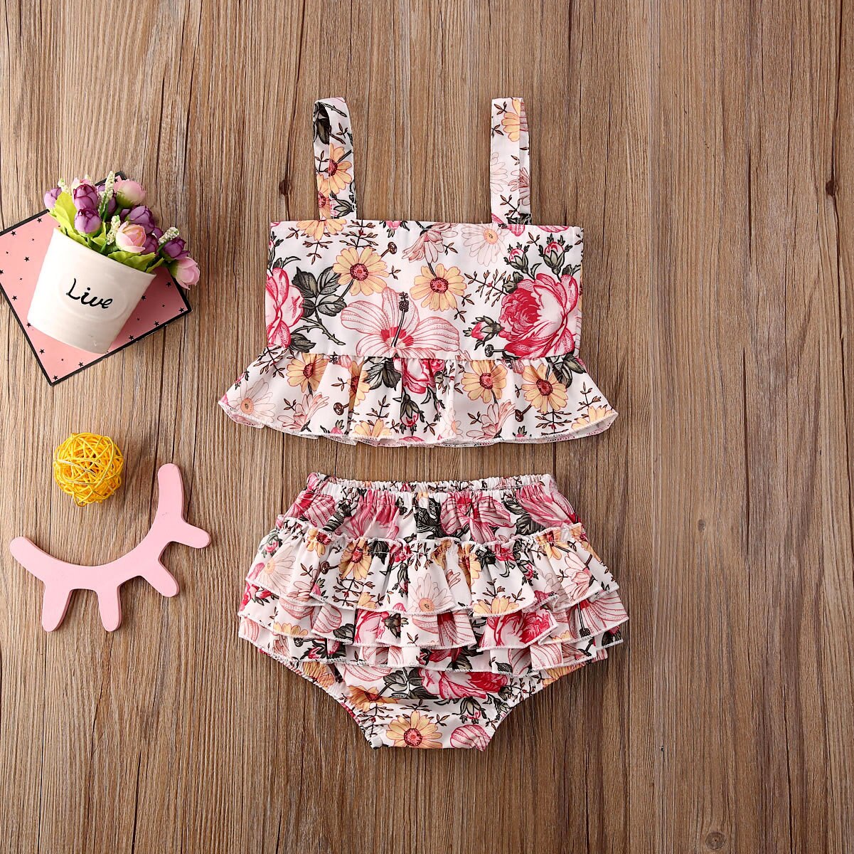 Spædbarn piger børn badedragt tøj sæt blomster print ærmeløs vest toppe + flæser shorts sommer tøj: 2-3 y