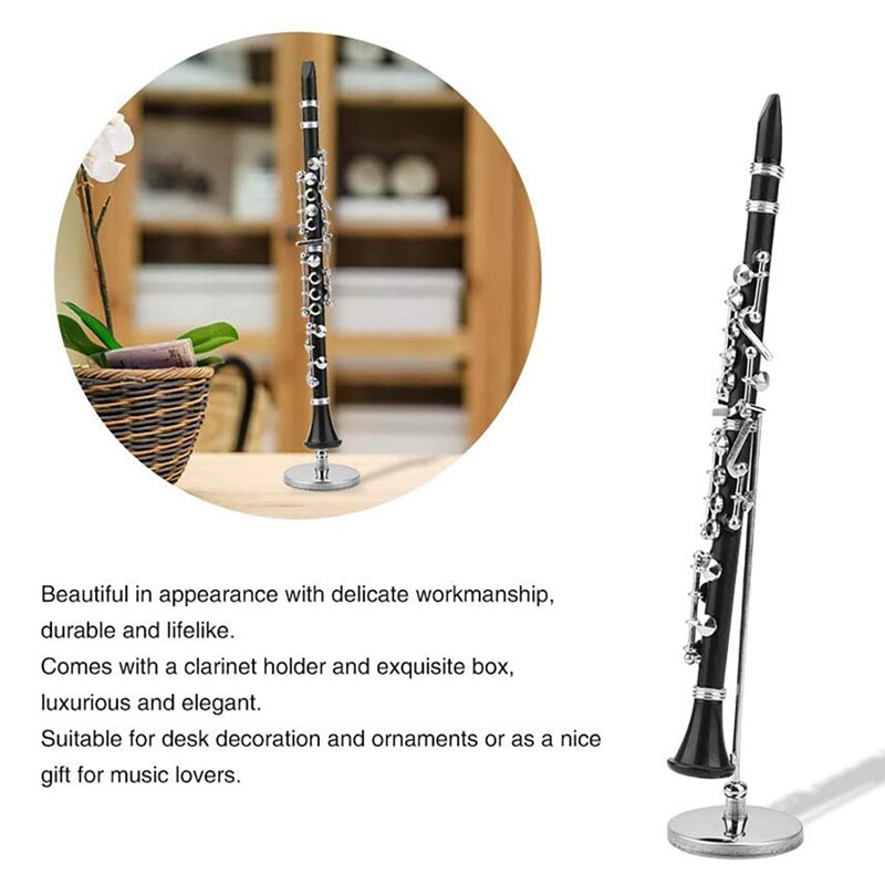 Mini Clarinet Model Musical Instrument Miniature Desk Decor With Black Leather Box Bracket Dollhouse Decor